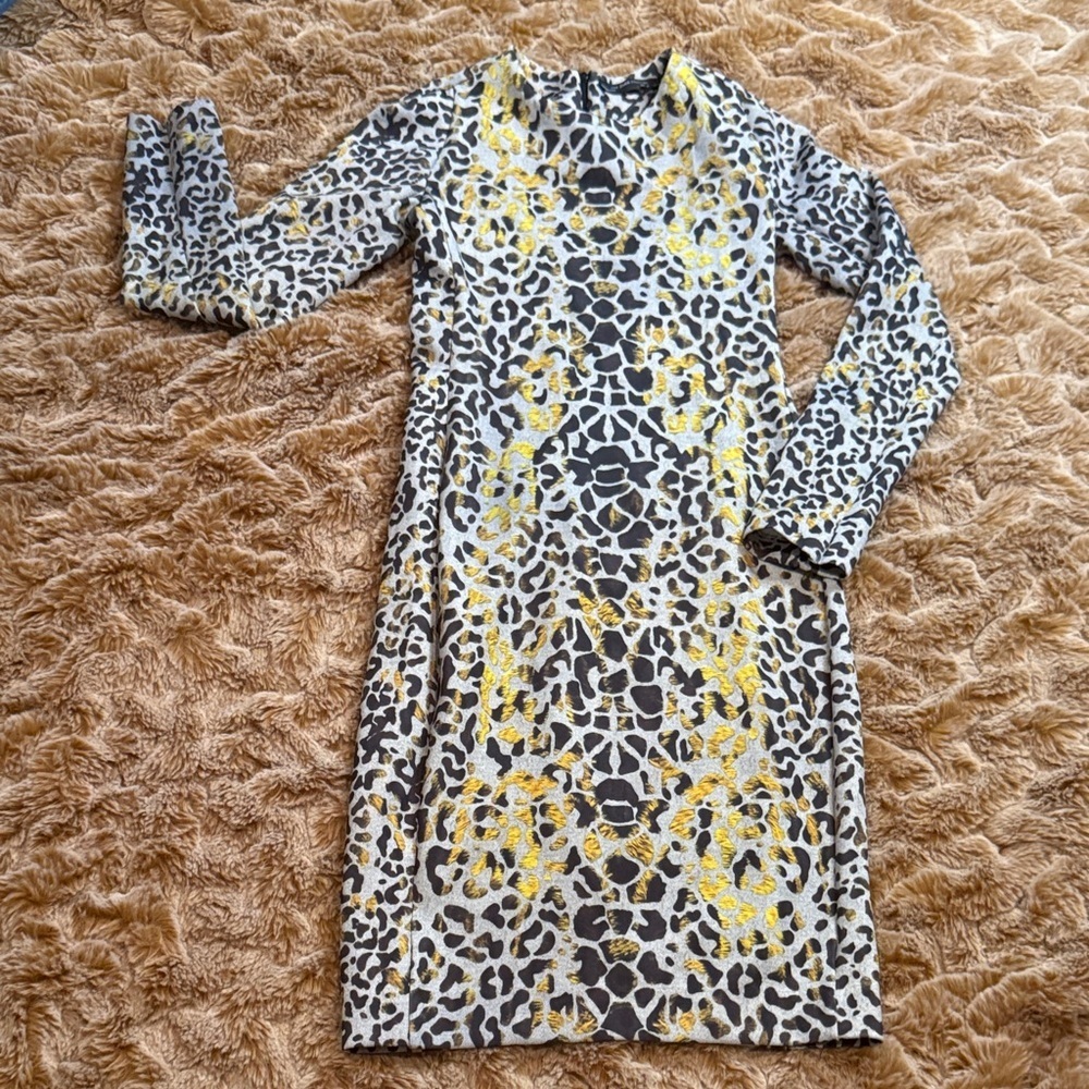 Zara Collection Stylish Leopard Print Dress with Gold Accents size L
